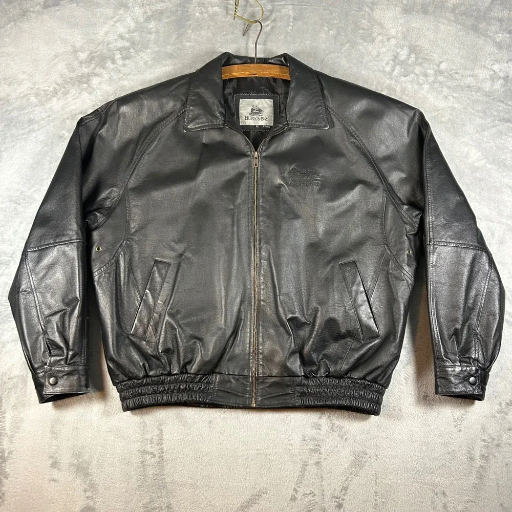 Burks Bay Mens XL Black Leather Bomber Jacket Bombardier Global Aviation Logo